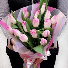 15 бело-розовых тюльпанов